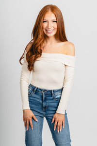 Off shoulder long sleeve bodysuit cream - Affordable Bodysuit - Boutique Bodysuits at Lush Fashion Lounge Boutique in Oklahoma City
