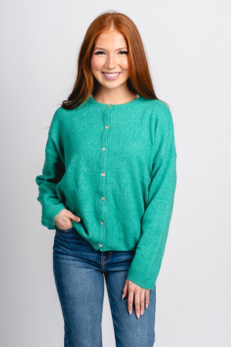 Button up sweater cardigan green - Trendy Holiday Apparel at Lush Fashion Lounge Boutique in Oklahoma City