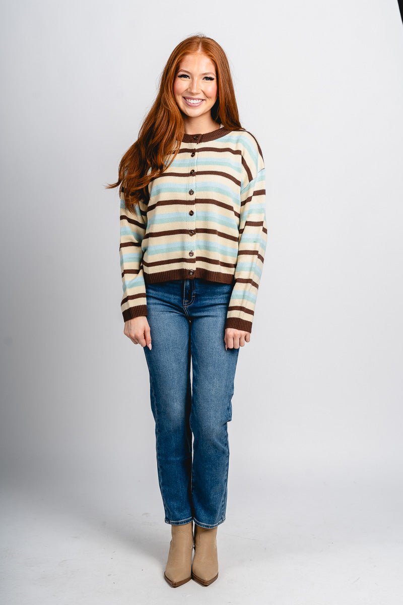 Demi striped sweater cardigan brown/blue - Trendy Sweater - Fashion Cardigans & Cute Kimonos at Lush Fashion Lounge Boutique in Oklahoma City