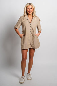 Short sleeve button romper beige - Trendy romper - Fashion Rompers & Pantsuits at Lush Fashion Lounge Boutique in Oklahoma City