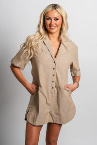 Short sleeve button romper beige - Cute romper - Trendy Rompers and Pantsuits at Lush Fashion Lounge Boutique in Oklahoma City