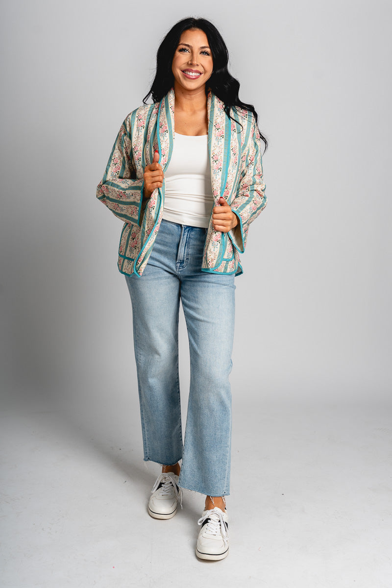 Floral quilted jacket seafoam – Unique Blazers | Cute Blazers For Women at Lush Fashion Lounge Boutique in Oklahoma City