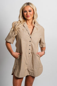 Short sleeve button romper beige - Affordable romper - Boutique Rompers & Pantsuits at Lush Fashion Lounge Boutique in Oklahoma City