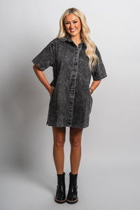 Short sleeve denim dress charcoal - Trendy dress - Fashion Dresses at Lush Fashion Lounge Boutique in Oklahoma City