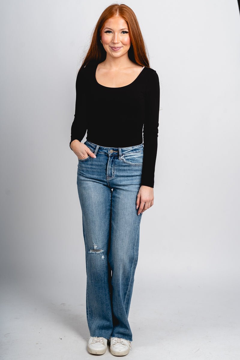 Flying Monkey high rise slim wide leg jeans rosalie | Lush Fashion Lounge: boutique women's jeans, fashion jeans for women, affordable fashion jeans, cute boutique jeans