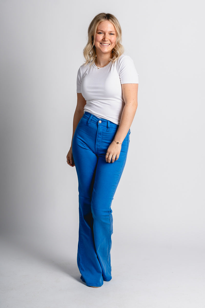 Cello high rise flare jeans cobalt blue - Vintage OKC Basketball T-Shirts at Lush Fashion Lounge Boutique in Oklahoma City
