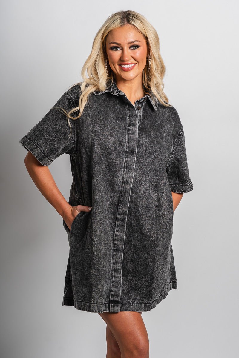 Short sleeve denim dress charcoal - Cute dress - Trendy Dresses at Lush Fashion Lounge Boutique in Oklahoma City