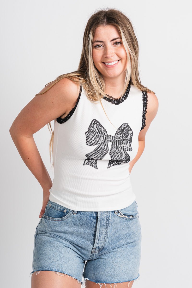 Lace bow tank top white - Cute Tank Top - Trendy Tank Tops at Lush Fashion Lounge Boutique in Oklahoma City