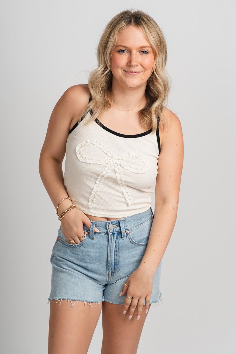 Ribbon bow tank top ivory - Affordable tank top - Boutique Tank Tops at Lush Fashion Lounge Boutique in Oklahoma City