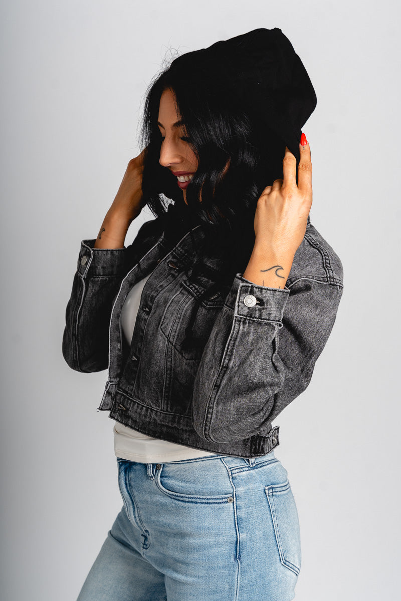 Hooded denim jacket black – Trendy Jackets | Cute Fashion Blazers at Lush Fashion Lounge Boutique in Oklahoma City