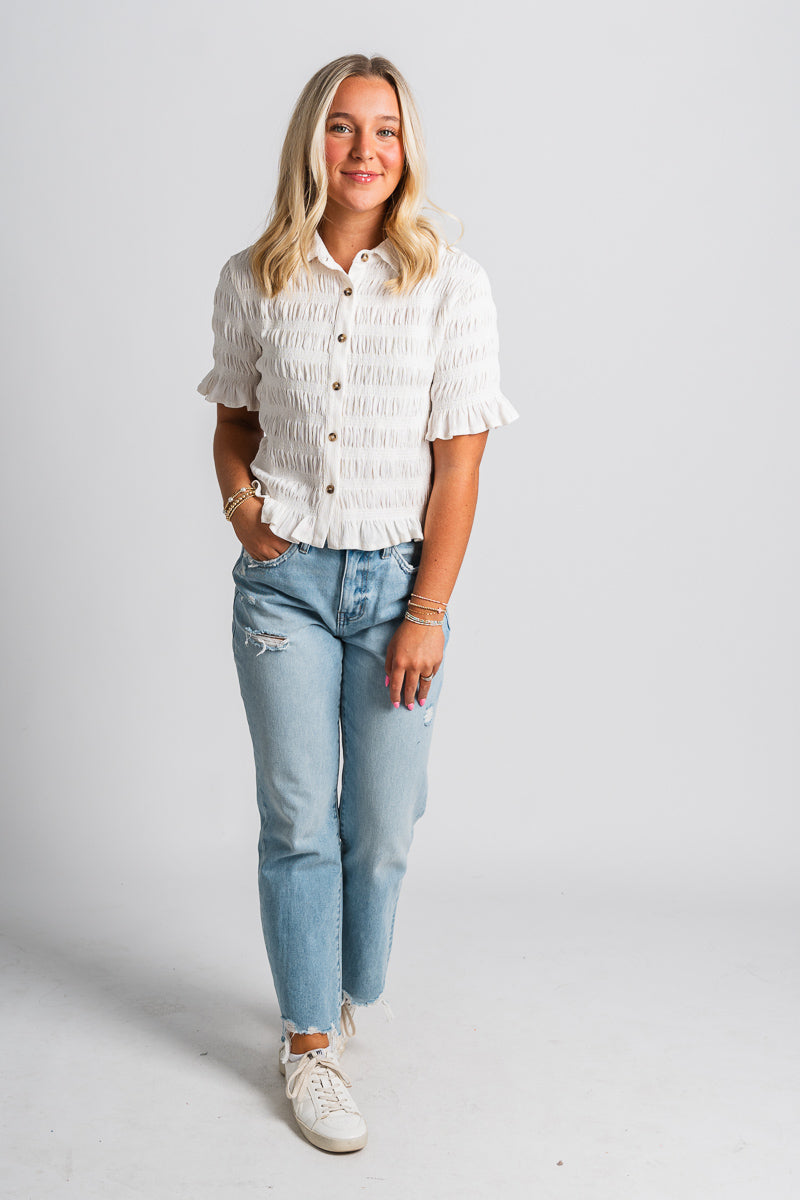 Smocked short sleeve top off white