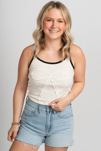 Ribbon bow tank top ivory - Cute tank top - Trendy Tank Tops at Lush Fashion Lounge Boutique in Oklahoma City