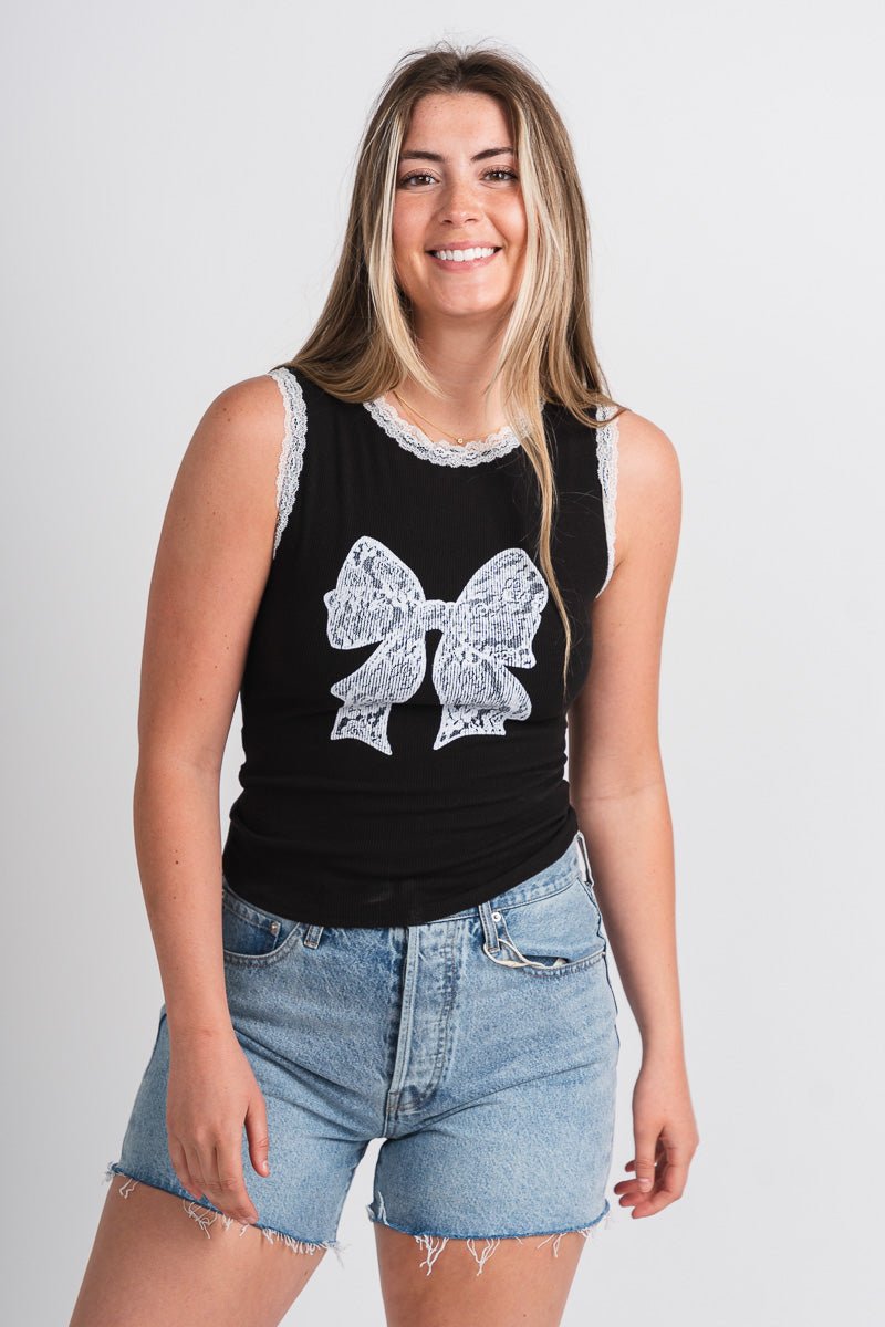Lace bow tank top black - Cute Tank Top - Trendy Tank Tops at Lush Fashion Lounge Boutique in Oklahoma City