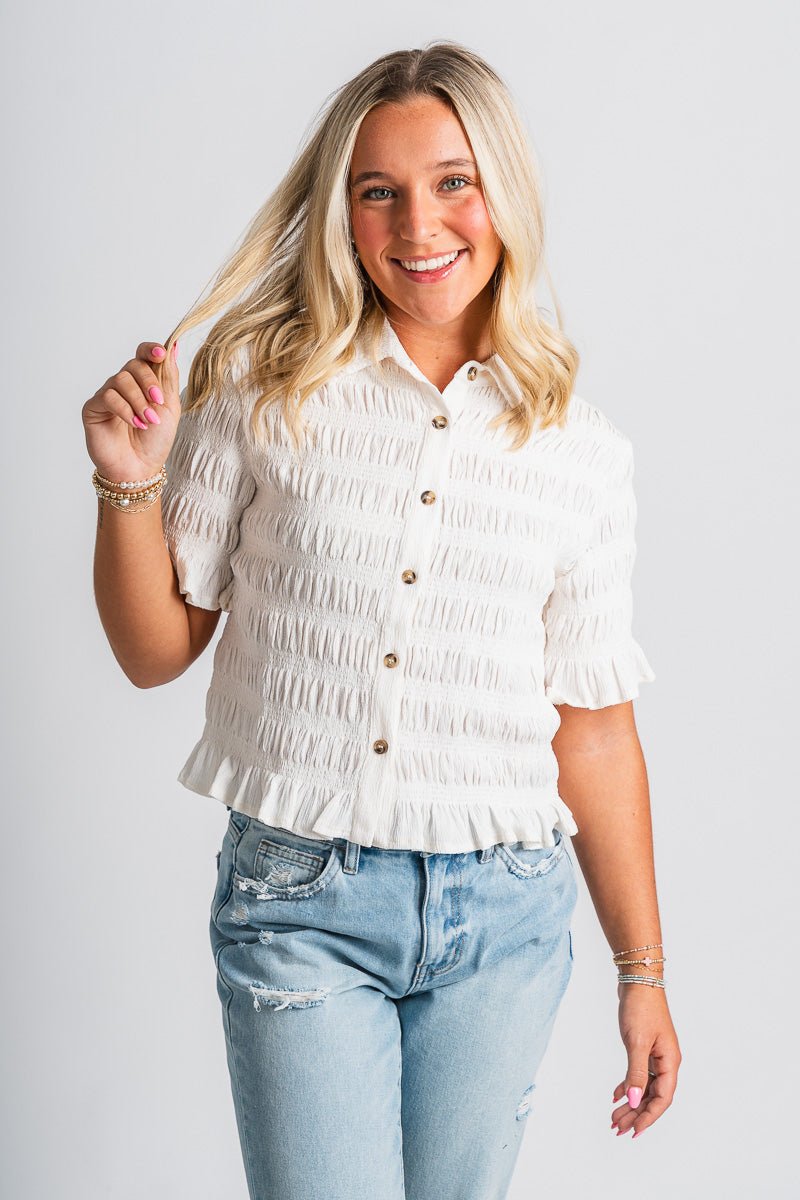 Smocked short sleeve top off white