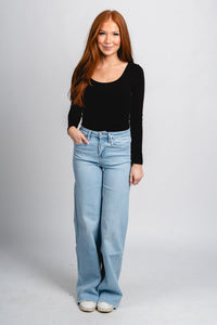 Flying Monkey high rise raw hem wide leg jeans Judy | Lush Fashion Lounge: boutique women's jeans, fashion jeans for women, affordable fashion jeans, cute boutique jeans