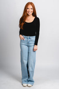 Flying Monkey high rise raw hem wide leg jeans Judy | Lush Fashion Lounge: boutique women's jeans, fashion jeans for women, affordable fashion jeans, cute boutique jeans