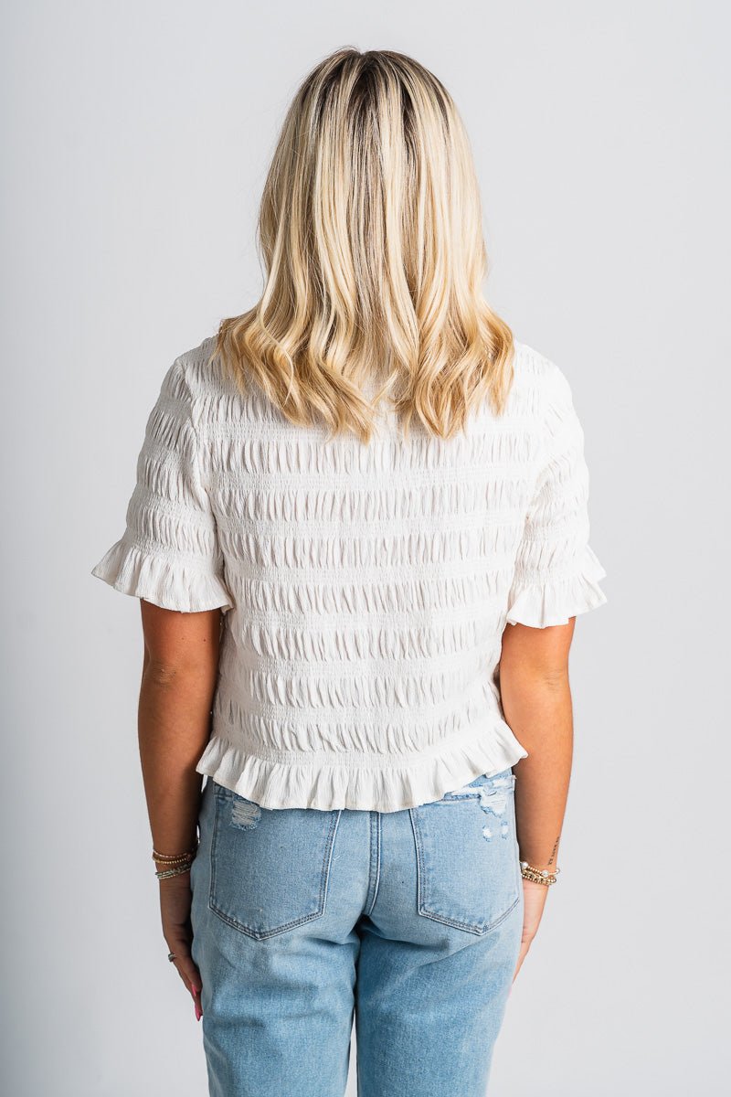 Smocked short sleeve top off white