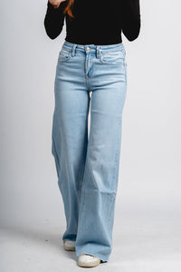 Flying Monkey high rise raw hem wide leg jeans Judy | Lush Fashion Lounge: boutique women's jeans, fashion jeans for women, affordable fashion jeans, cute boutique jeans