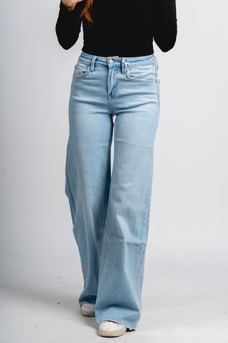 Flying Monkey high rise raw hem wide leg jeans Judy | Lush Fashion Lounge: boutique women's jeans, fashion jeans for women, affordable fashion jeans, cute boutique jeans