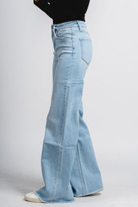 Flying Monkey high rise raw hem wide leg jeans Judy | Lush Fashion Lounge: boutique women's jeans, fashion jeans for women, affordable fashion jeans, cute boutique jeans