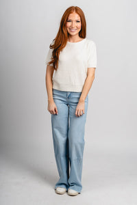 Short sleeve sweater off white - Trendy Sweaters | Cute Pullover Sweaters at Lush Fashion Lounge Boutique in Oklahoma City