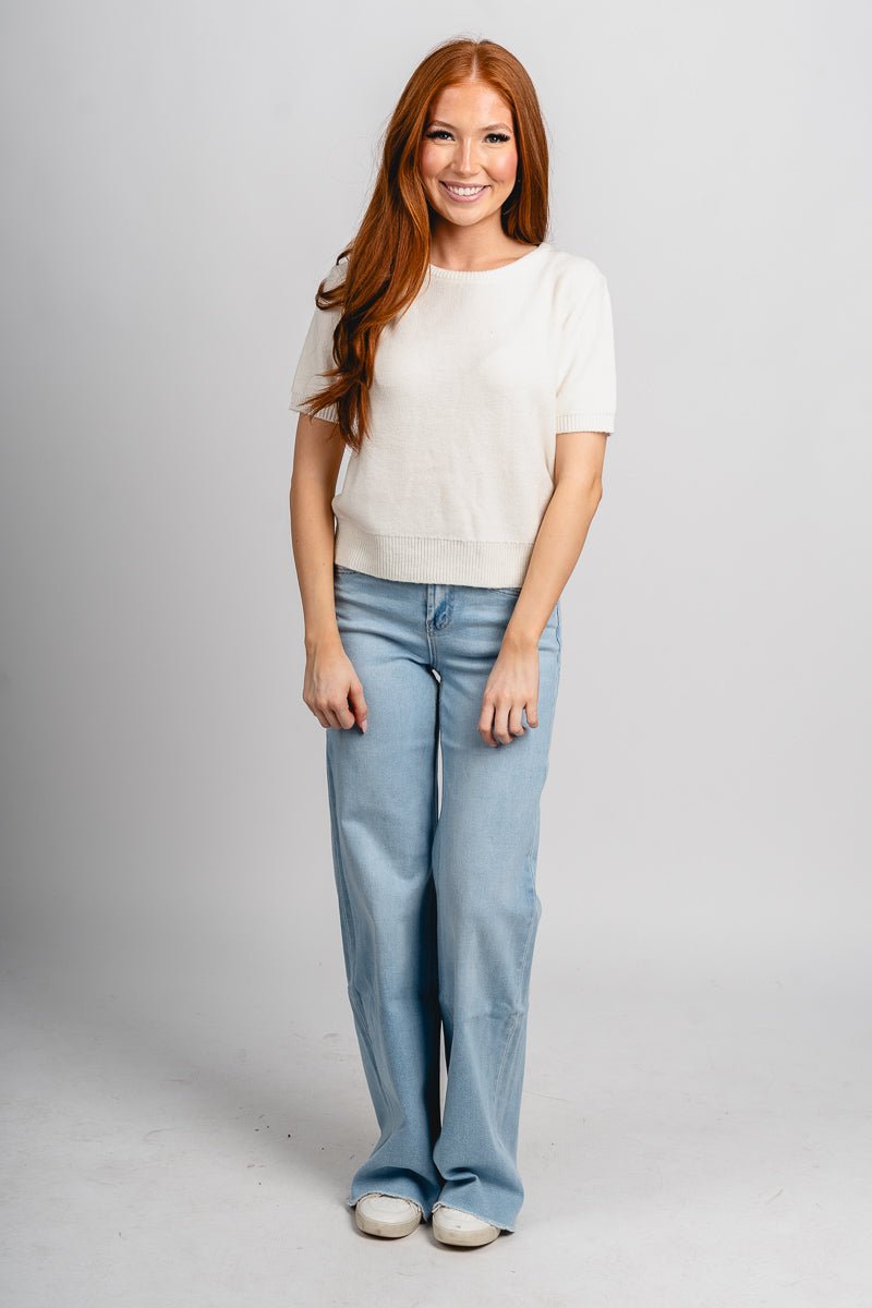 Short sleeve sweater off white - Trendy Sweaters | Cute Pullover Sweaters at Lush Fashion Lounge Boutique in Oklahoma City