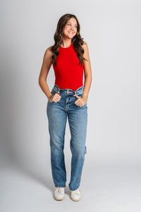 Round neck bodysuit deep red Stylish bodysuit - Womens Fashion Bodysuits at Lush Fashion Lounge Boutique in Oklahoma City