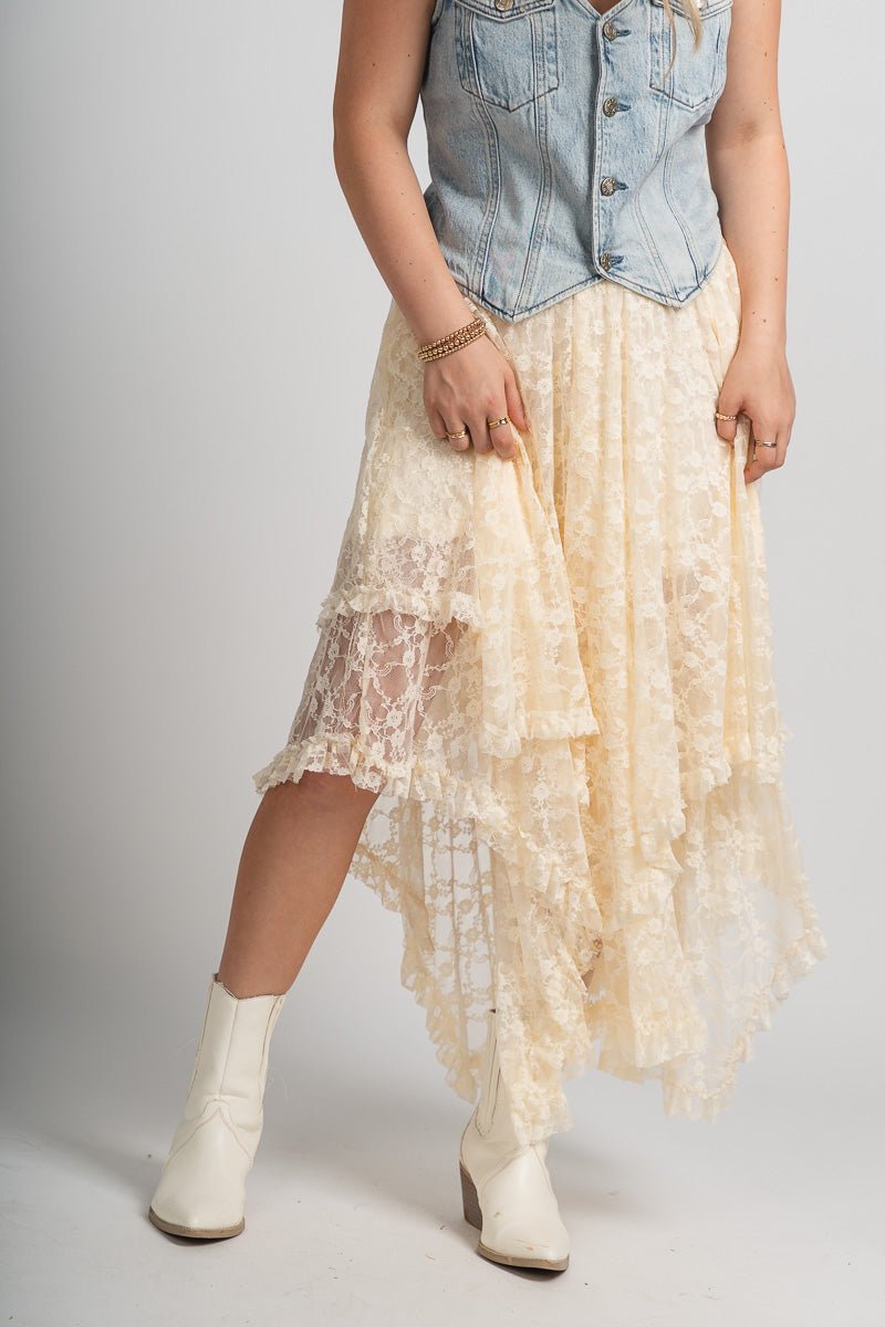Lace layered midi skirt cream | Lush Fashion Lounge: boutique fashion skirts, affordable boutique skirts, cute affordable skirts