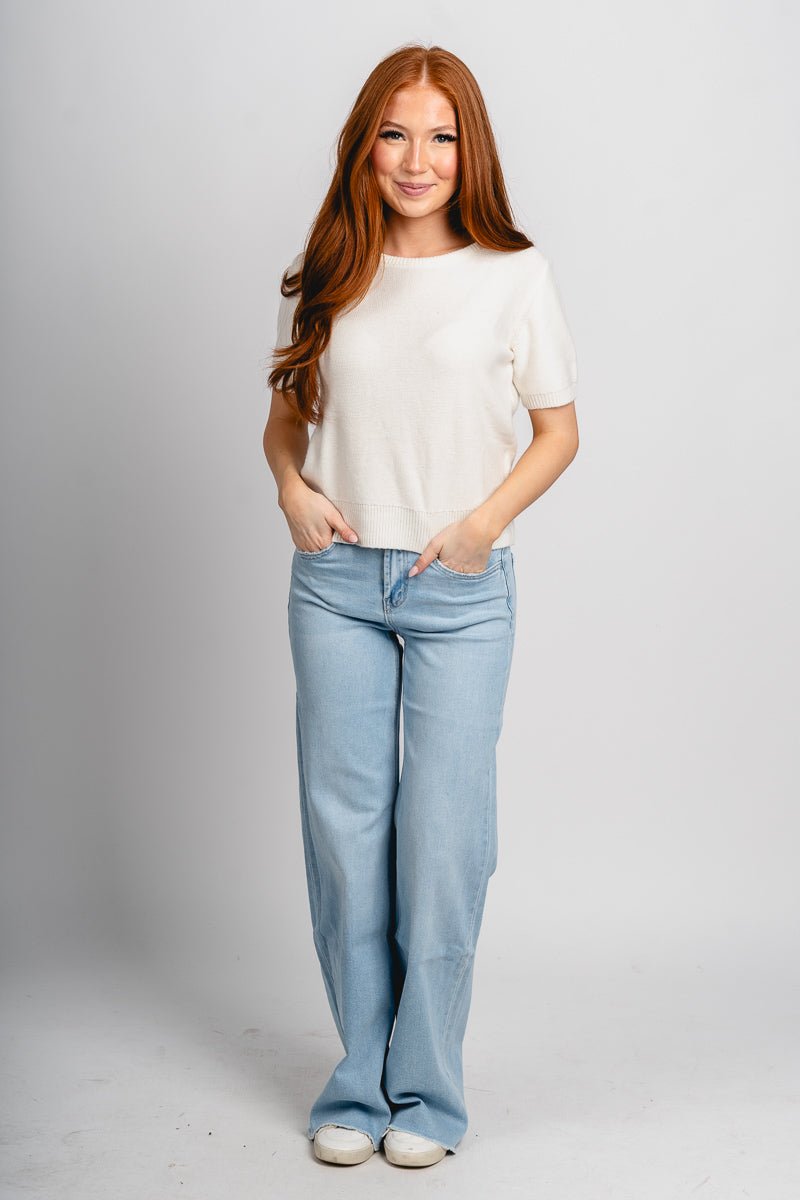 Short sleeve sweater off white – Unique Sweaters | Lounging Sweaters and Womens Fashion Sweaters at Lush Fashion Lounge Boutique in Oklahoma City