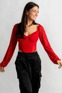 Lace mesh corset long sleeve top red - Trendy Valentine's T-Shirts at Lush Fashion Lounge Boutique in Oklahoma City