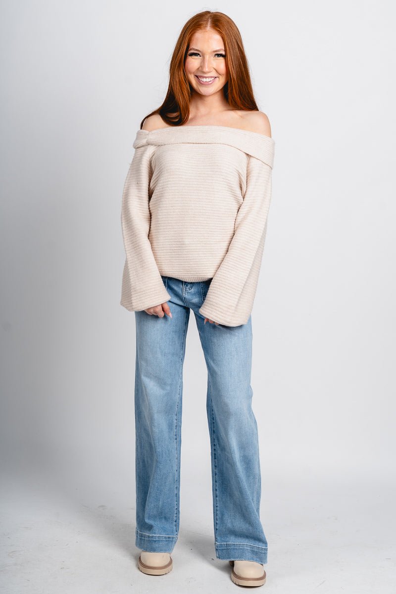 Off shoulder sweater cream - Trendy Sweaters | Cute Pullover Sweaters at Lush Fashion Lounge Boutique in Oklahoma City