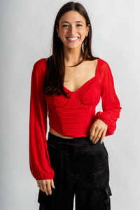 Lace mesh corset long sleeve top red - Trendy T-Shirts for Valentine's Day at Lush Fashion Lounge Boutique in Oklahoma City