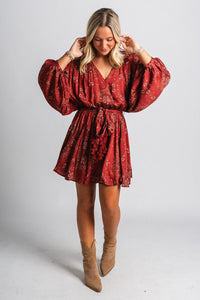 Floral paisley long sleeve dress henna - Trendy dress - Fashion Dresses at Lush Fashion Lounge Boutique in Oklahoma City