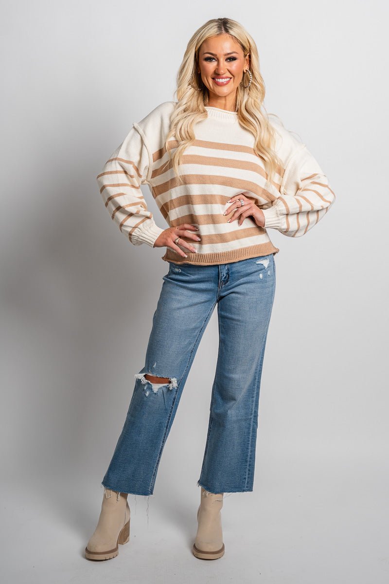 Striped sweater taupe - Trendy Sweaters | Cute Pullover Sweaters at Lush Fashion Lounge Boutique in Oklahoma City