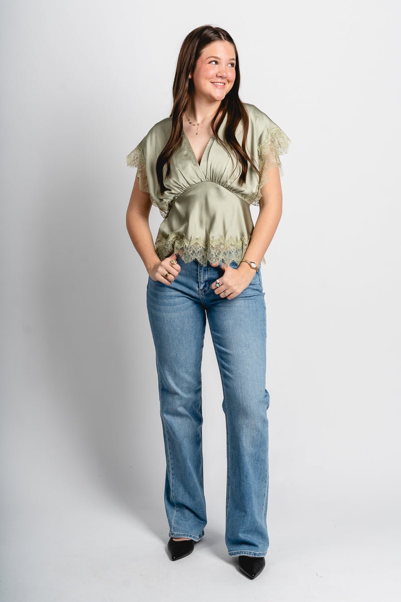 Lace trim blouse sage