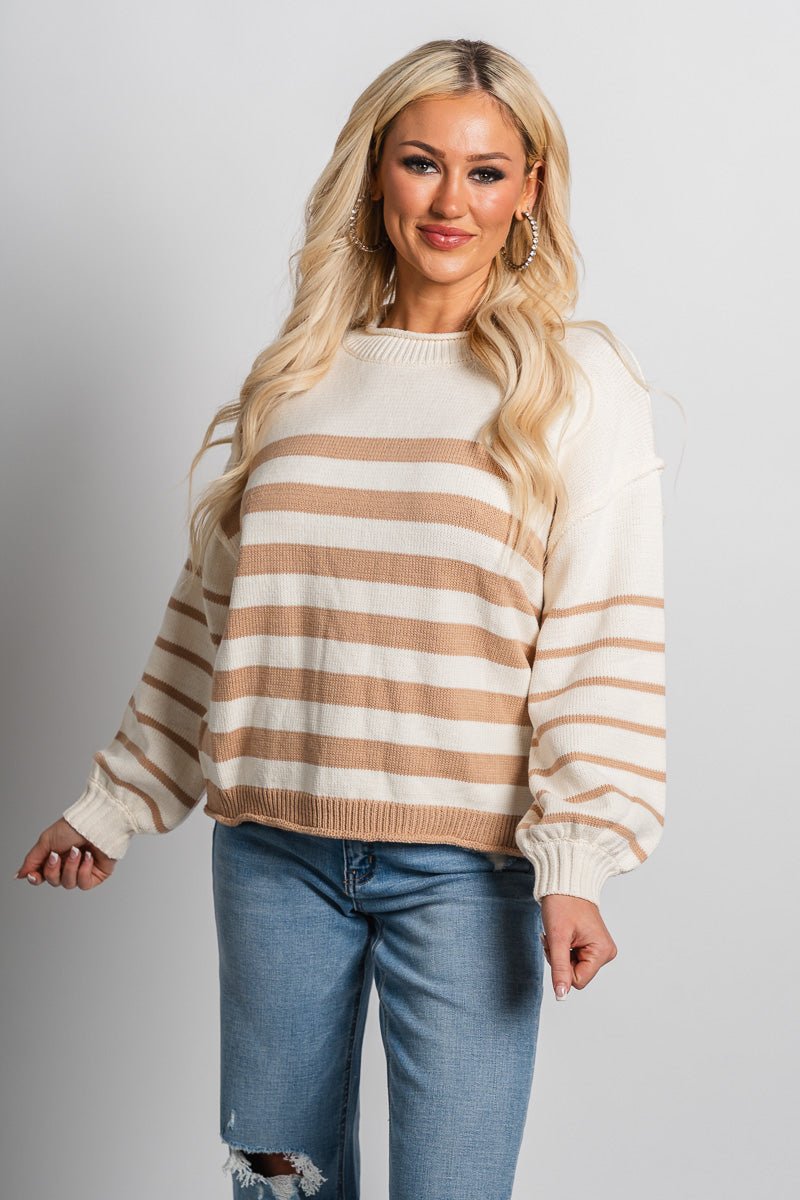 Striped sweater taupe – Boutique Sweaters | Fashionable Sweaters at Lush Fashion Lounge Boutique in Oklahoma City