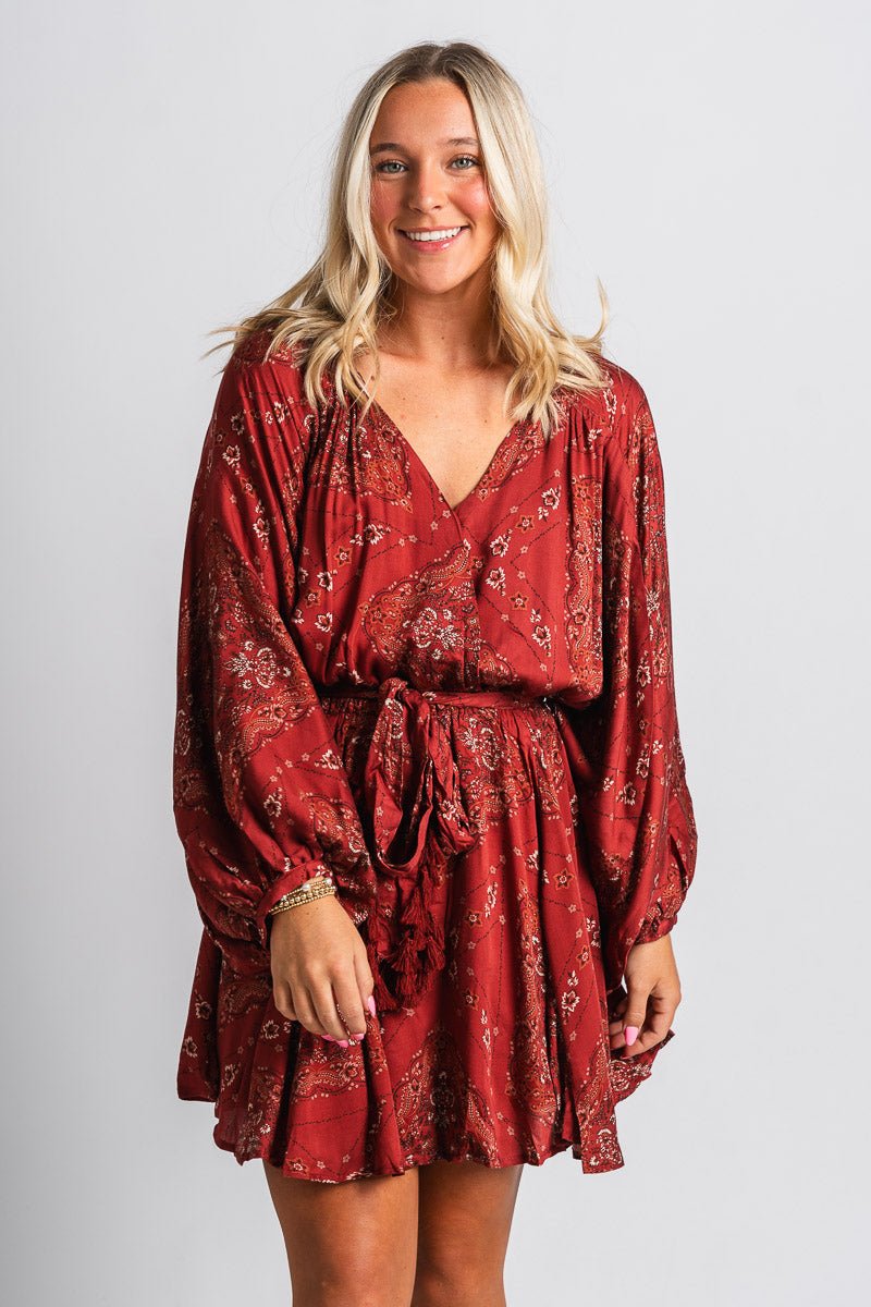 Floral paisley long sleeve dress henna - Affordable dress - Boutique Dresses at Lush Fashion Lounge Boutique in Oklahoma City