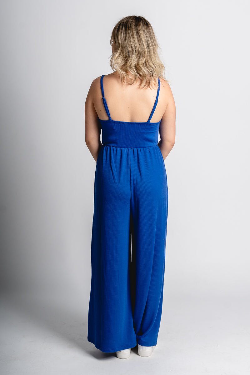 Ribbed knit jumpsuit cobalt - Trendy Oklahoma City Basketball T-Shirts Lush Fashion Lounge Boutique in Oklahoma City