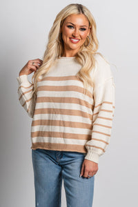 Striped sweater taupe – Stylish Sweaters | Boutique Sweaters at Lush Fashion Lounge Boutique in Oklahoma City