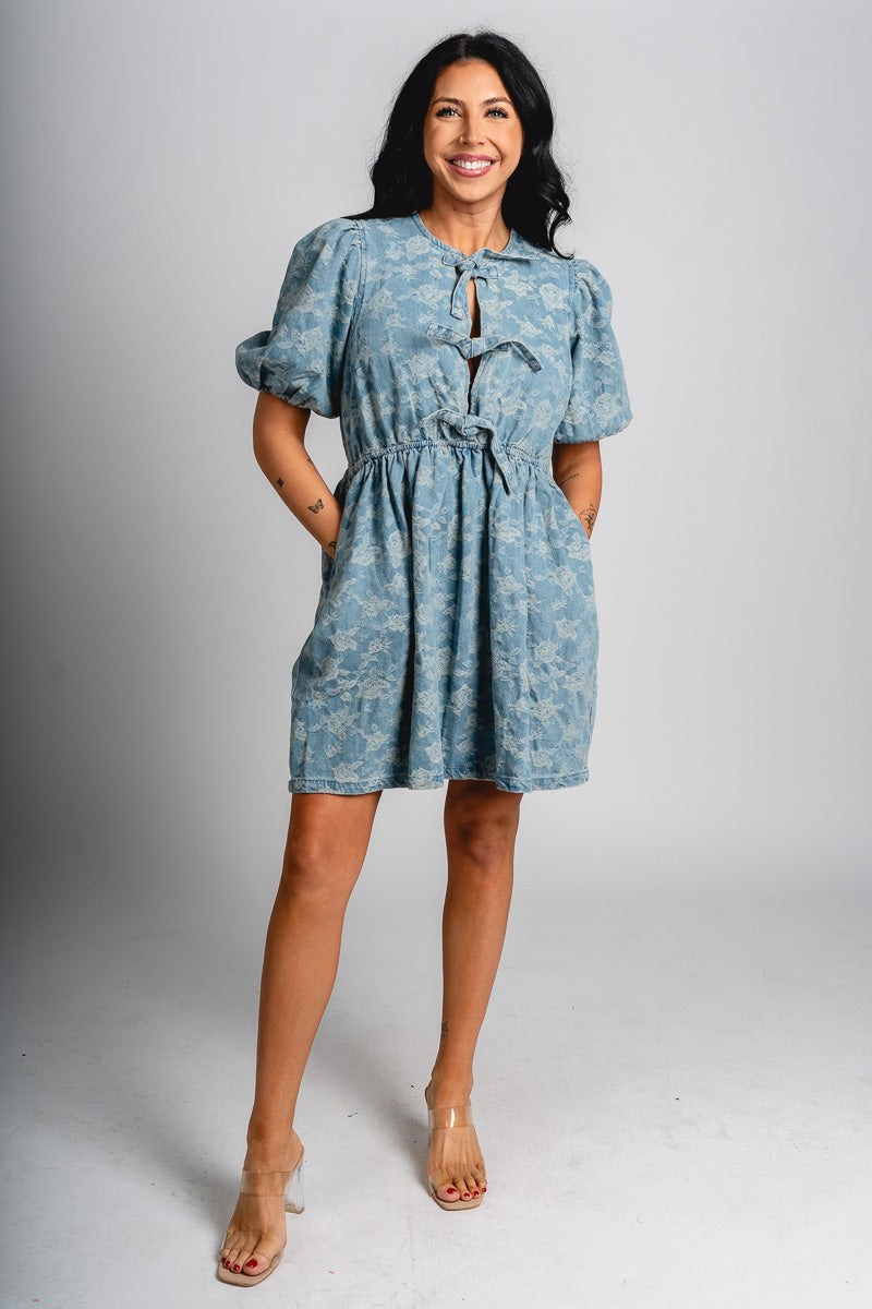 Denim bow front dress denim blue Stylish dress - Womens Fashion Dresses at Lush Fashion Lounge Boutique in Oklahoma City