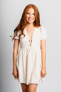 Floral puff sleeve mini dress ivory - Affordable dress - Boutique Dresses at Lush Fashion Lounge Boutique in Oklahoma City