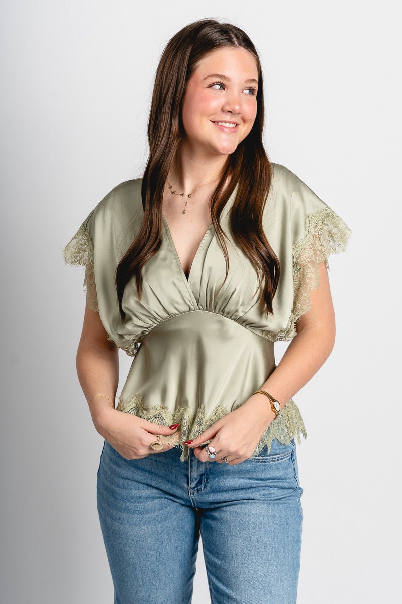 Lace trim blouse sage
