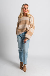 Two tone striped sweater tan/white – Unique Sweaters | Lounging Sweaters and Womens Fashion Sweaters at Lush Fashion Lounge Boutique in Oklahoma City