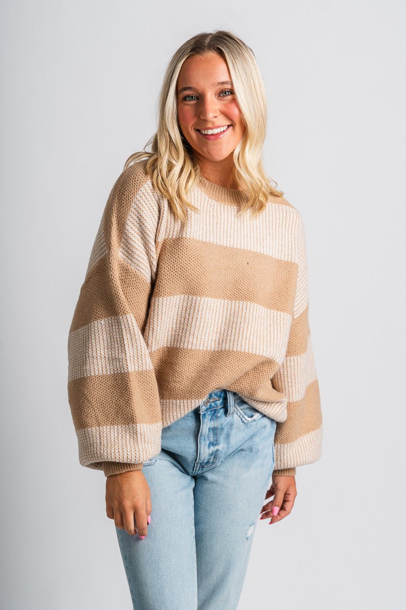 Two tone striped sweater tan/white – Boutique Sweaters | Fashionable Sweaters at Lush Fashion Lounge Boutique in Oklahoma City