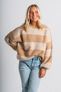 Two tone striped sweater tan/white – Stylish Sweaters | Boutique Sweaters at Lush Fashion Lounge Boutique in Oklahoma City