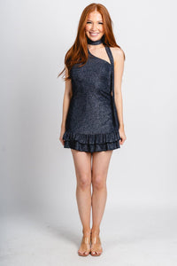 One shoulder shimmer ruffle dress navy Stylish dress - Womens Fashion Dresses at Lush Fashion Lounge Boutique in Oklahoma City