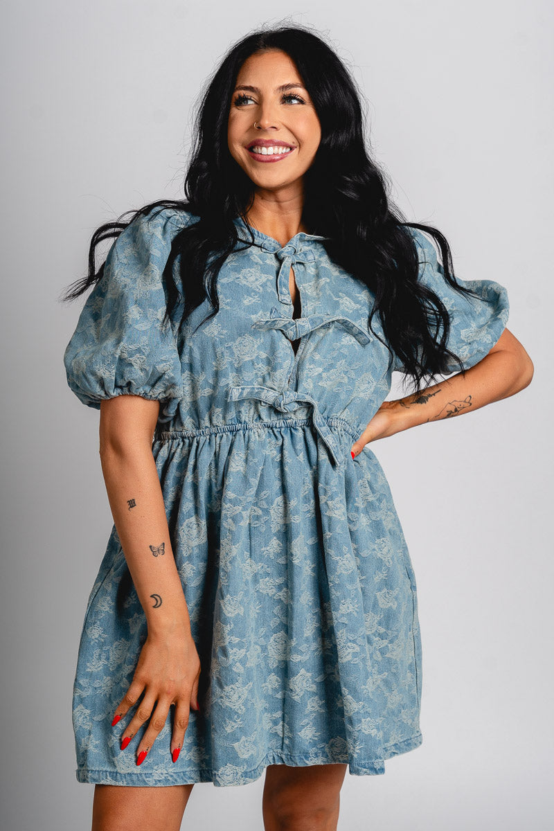 Denim bow front dress denim blue - Cute dress - Trendy Dresses at Lush Fashion Lounge Boutique in Oklahoma City