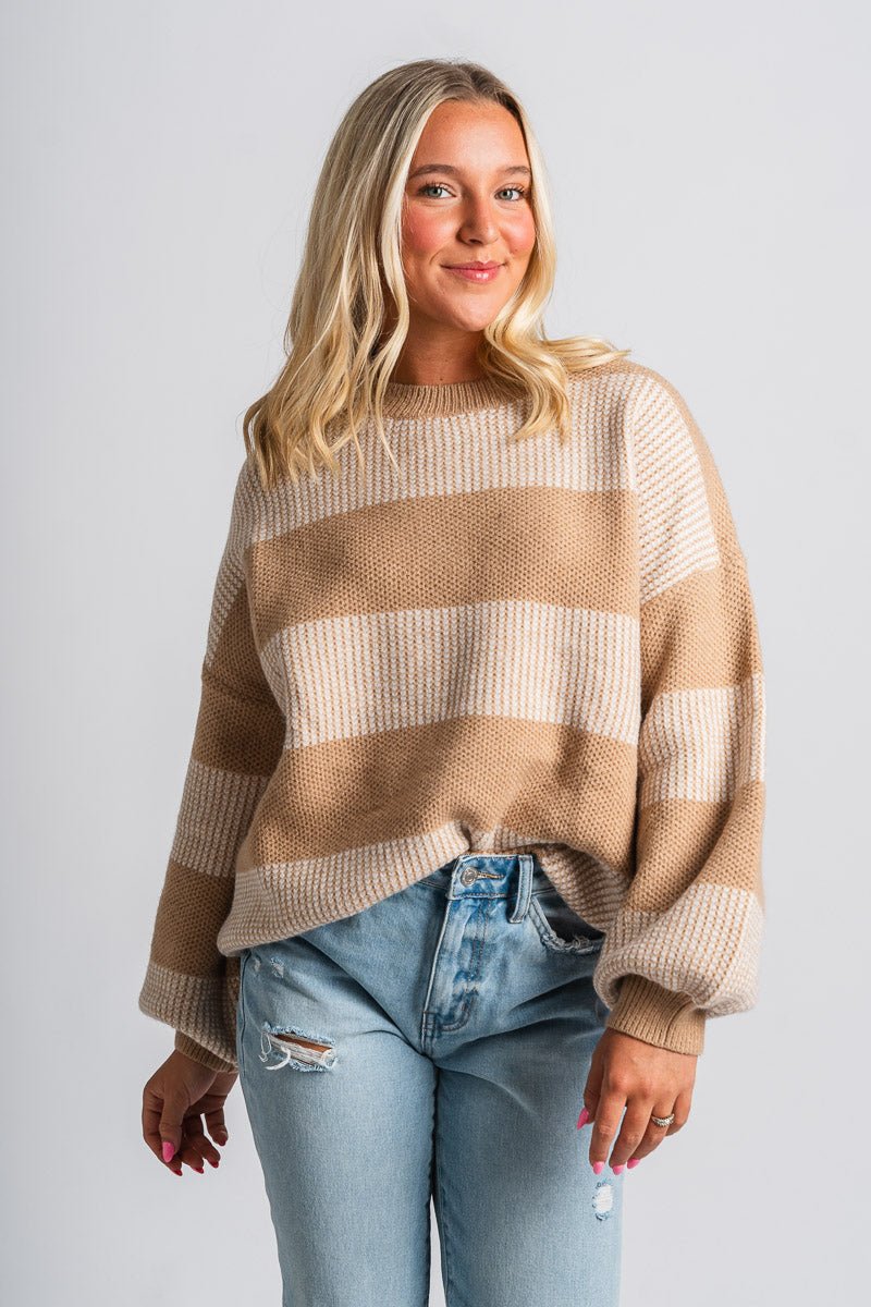 Two tone striped sweater tan/white