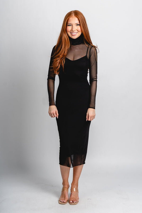 black sheer long sleeve dress Shiny Midi with Sleeves it has a crewneck silhouette and a close maxi silhouette that is perfect for layering over and under other pieces in the collection Black Sheer Lace Draped Long