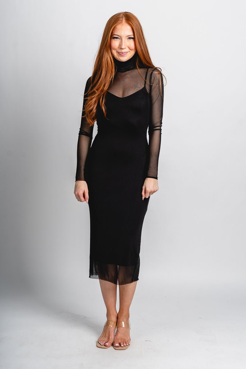 Mock neck mesh midi dress black - Trendy dress - Fashion Dresses at Lush Fashion Lounge Boutique in Oklahoma City